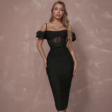 Off Shoulder Short Sleeve Bandage Dress Women Sexy Black Lace Elegant Bodycon Evening Club Celebrity Party Midi Lady