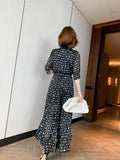 Fashion Women Polka Dot Trousers Suit Summer Chiffon O Neck Ruffles Shirt + Holiday Ladies Pleated Wide-Leg Length Pants