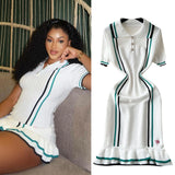 Fongt Scented Knitted Dress Woman's New French Retro Collar Bump Color Waist Thin Leaf Side Sweater Skirt