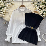 Fongt Style Suit Women's Casual Long-Sleeved Shirt + Waist V-Neckless Knitted Vest Two-Piece Set