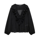 Fongt Early And Early Autumn New French Sweet V-Neck Thin Long-Sleeved Lotus Leaf Shirt Top 8544207