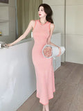 Shot South Korean Chic Summer High-Level Round-Collar Stripes Hit Color Splicing Bag Buttocks Slim Knitted Dress-Outfit