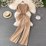 Fongt Suit Goddess Fan Irregularly Round Neck Knitted Top Two Sets Of High-Rise Thin Broad Leg Trousers