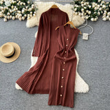Fongt Senior Sense Loose External Medium And Long Knitted Cardigan Jacket + Sleeveless Metal Buckle Joint Skirt