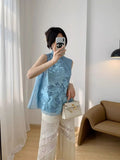 Chinese Heavy Industry Embroidered Cardigan Collar Chiffon Blue Shirt Summer New Style Chic Sleeveless Shirt Woman-Outfit