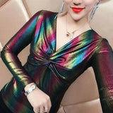 Glossy Contrasting Colors Slim T-shirt 2023 Spring Autumn Long Sleeve Female Clothing Sexy V-Neck Stylish Folds Pullovers-Outfit