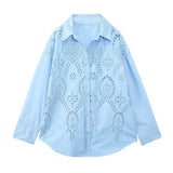 Women's Lapel Hollowed-Out Embroidery Long-Sleeved Single-Breasted Shirt 7969071-Outfit
