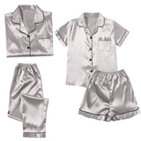 Women's Blue Pajamas Sets Silk Satin Top Pant Long sleeve Solid Button-Down Pyjamas Satin Set Nightgown Ladies Sleepwear-Outfit