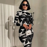 Women's Wear 2024 Spring New Fashionable Printed High-Collar Long-Sleeved Slim Dress-Outfit