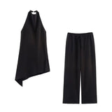 Fongt Women's ZA Hanging Neck Collar Minimalist Asymmetrical Top With Trousers Set