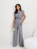Fongt Faitry Face Solid-Colored Collared Folded Fork Vest Top Broad Leg Trousers Set Summer