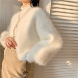 Lantern Sleeve Mink Cashmere Sweater Knitted Cardigan Korean Beads 2023 New Causal Knitwear Open