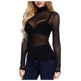 Ins Sexy Women's Tight-Nair With Long-Sleeved T-Shirts To The Perspective Of High-Necked Shirt Mesh