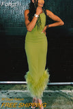 Elegant One Shoulder Feather Bottom Midi Dresses for Women 2023 Spring Summer Sleeveless Bodycon Long Dress