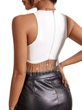 New Hot Girls Sexy Solid Color Water Drill Tassel Vest Sleeveless Neck Top-Outfit