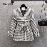 Women Autumn Winter Long Sleeve Coats Sailor Collar Plaid Tweed Jacket Korean High Waist Outwear Woolen