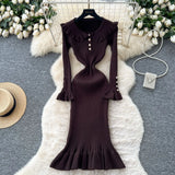 Fongt Retro Doll Collar Horn Sleeve Dress Women Autumn Waist Thin Temperament Knitted Dress