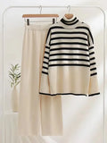 and White Stripe Knitted Two Piece Women Sets Casual Elastic Waist Pants Set Women 2 Piece Autumn Turtleneck Sweaters