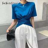 Casual Ruched Irregular T Shirt For Women O Neck Short Sleeve Solid T Shirts Females Summer Fashion 2021
