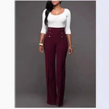 Fongt Early Autumn New Solid Color Bhabred Decorative Button Straight High Waist Broad Leg Female