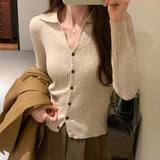 Color Polo Neckline Knitted Sweater Women's New Autumn Sweater Slim And Slim Long-Sleeved Cardigan-Outfit