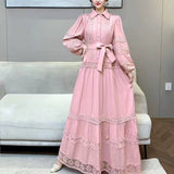 Fongt Retro Elegant Lace Splicing Strap To The Waist Lantern Sleeve Dress Female Thin Temperament Court Style Dress