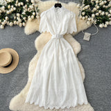 Fongt Lady Dress 2025 Summer Waists Slim Collar Short-Sleeved Hollow Hook Embroidery Single Row Buckle Dress