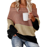 Fongt And Winter Women's One Word Collar Loose Splicing Color Knit Jumper Sweater