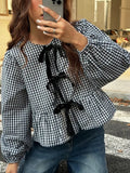 Fongt Women's Plaid Loose Bow Long-Sleeved Shirt