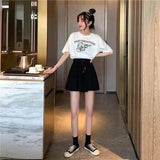 Summer Shorts Skirts Women Elastic High Waist Casual Wide Leg Shorts Korean A Line Mini Skirt Oversized Black Short Pants-Outfit