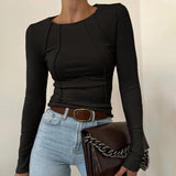 Fongt Shein New Spring Autumn New Sweet Spicy Solid Color Line Long-Sleeved Collar T-Shirt Girl