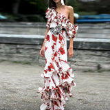 STREET New Summer 2022 Fashion Women's Elegant Cascading Ruffles Floral Print Slash Neck Beach Holiday Maxi Long