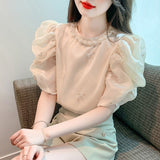 Fongt Small Fragrant Bubble Sleeve Heavy Industrial Nail Bead Chiffon Shirt 2025 Summer New Embroidery Design Sense Of Gas Coat