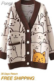 Women Button Down Knit Sweater Fall Long Sleeve V Neck Cartoon Cat Pattern Loose Cardigan Women's Winter Coats