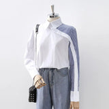 Women White Shirt Vintage Long Sleeve Cotton Blouse Striped Turn-Down Collar Elegant Office Wear Fall Spring Design