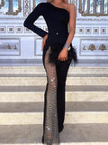 Patchwork Diamond Fishnet Bodycon Women Jumpsuit Black One Shoulder Long Sleeve Jumpsuit Lady Sexy Evening Party
