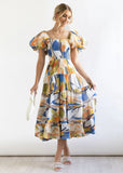 Fongt Summer New Bubble Sleeve Holiday Show Skinny Dress Babes High-Waisted Shoulder-Print Dress Dress Woman