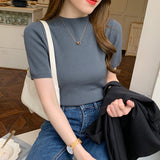 Summer Knitted Thin Sweater Pullovers Korean Half Sleeve Turtleneck Sweater for Women Slim Jumper Tops Office Lady-Outfit