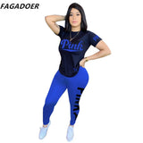 Summer Casual PINK Letter Print Two Piece Sets Women Short Sleeve Top And Skinny Pants Tracksuits Famale 2pcs