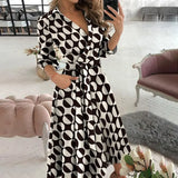 Fongt Women's Fashion Print Long-Sleeved V-Neck Bag-Groomed Commuting Dress 661