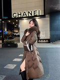 High-End Fox Big Fur Collar Down Jacket Women's Long Style 2024 Winter Knee Bundle Waist Show Thin White Duck Down Fashion Coat-Outfit
