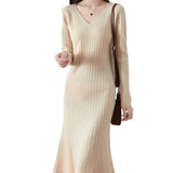 Fongt Cashmeat Dress Women's Autumn And Winter New Set Long Sleeves Leisure Long A Dress Wool Knitted Long Dress