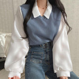 Fongt Plus Size Fat Mm Fake Two T-Shirt Female Splicing POLO Collar Long Sleeve Hoodie Screw Thread Loose Versatile