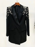 STREET Newest 2023 Designer Jacket Women's Double Breasted Rhinestone Diamonds Beaded Long Blazer