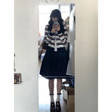 Fongt Color Design Sense Retro Striped Knitted Cardigan Women's Spring And Summer College Style Sweater Tibetan Blue Short Skirt Two-Piece Set