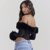 Fongt Women's Winter 2023 New Sexy Maomao One-Line Collar Off-Shoulder Gauze Long Sleeve Irregular