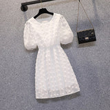 Women Summer Midi Dresses 2022 White Mesh Short Sleeve Dresses And Print Bow Straps Vest Dress Suits Sweet Korean