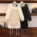 Women Autumn Winter Vintage Dress Soild Square Colar Long Sleeve Elegant Korean High Waist Bodycon Bandage