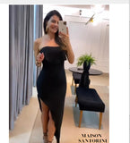 Fongt Summer New Fashion Solid Color Flounce Wipe Chest Side Slit Slim Dress-Outfit