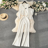 Fongt Feel Set 2025 Spring Women's Metal Buckle Vest Knitted Open-Shirt Broad Leg Pants Fashion Three-Piece Set
